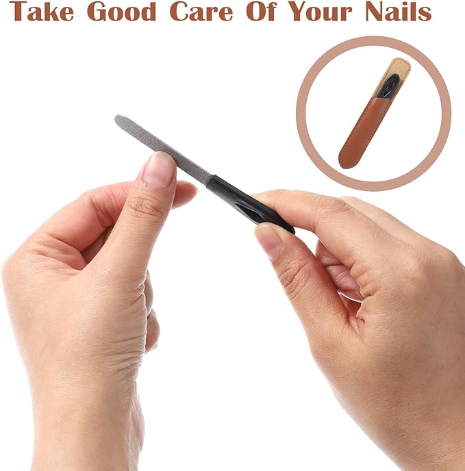 2 Pack Metal Nail File Stainless Steel Manicure Filer Double Sided Fingernail Files with Anti-Slip Handle and Leather Case 3.5 in Mini Small Travel Nail Filer for Men and Women