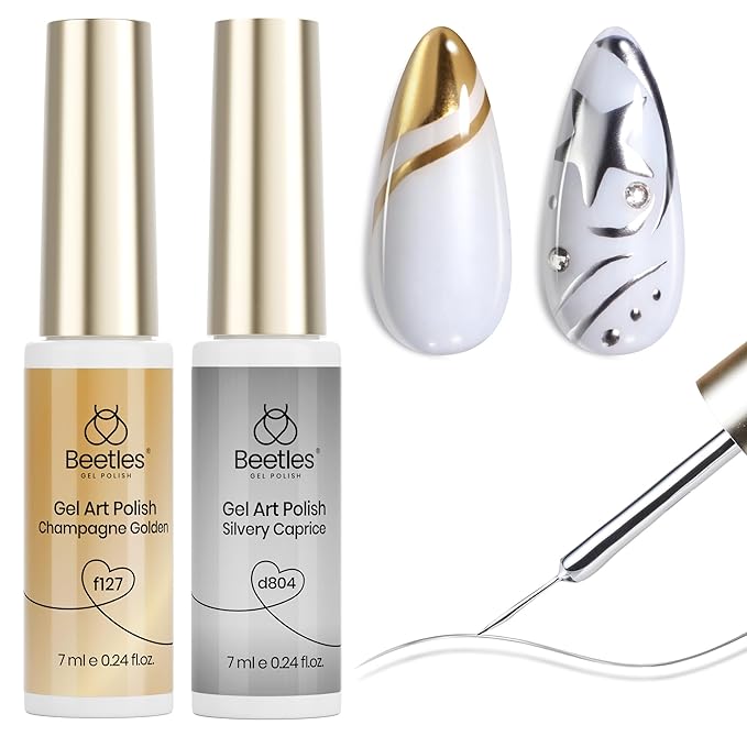 Beetles Metallic Gel Liner Nail Art Polish Set Gold Silver 2pcs Gel Nail Polish Liner Chrome 3D High-Gloss Effect for Nails Paint Design with Thin Brush DIY French Manicure Gift for Women