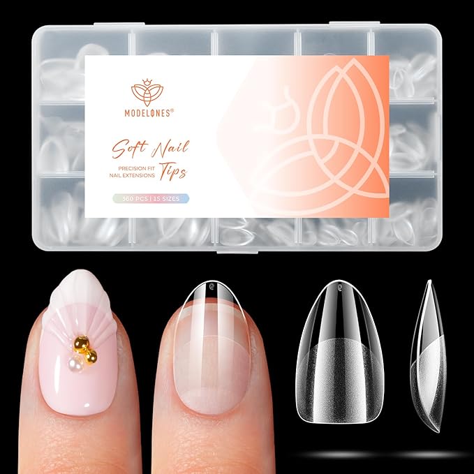 modelones Extra Short Almond Gel Nail Tips, 360pcs Pre-etched Clear Fake Nails Press On Full Cover Half Matte 15 Sizes Acrylic Gel Tips for Extension Salon