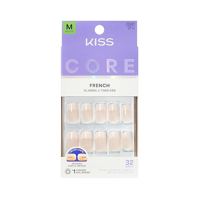 KISS CORE, Press On Nails, Nail glue included, 'Scenario', Pink, Medium Size, Squoval Shape, Includes 32 Nails, 2g Glue, 1 Manicure Stick, 1 Mini File