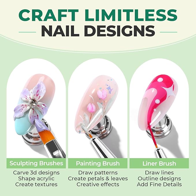 UNA GELLA Nail Art Pens 6PCS Green Color Acrylic Nail Art Design Brush Set with Gel Polish Liner Brushes Christmas Double-headed Nail Dotting Tools for DIY Home Salon Manicure Design Supplies