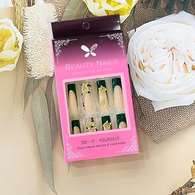 Press on Nails Coffin Long Length Acrylic Glossy Full Cover Square Shaped French False Nails with Designs Artificial Extra Long Fake Nails with Charms Glue ons Fingernails for Women(XXS249)