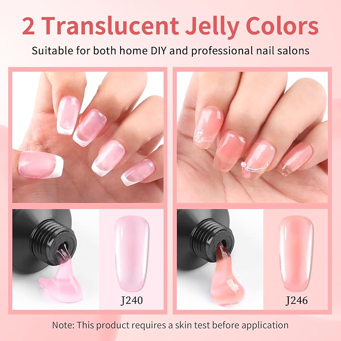 BQAN Poly Nail Gel, 2 Jelly Colors Poly Extension Gel (30ml) with Slip Solution & Brush | Non-Lifting Low Odor | for Nail Builder Pro Salon & Home DIY - Jelly Light Pink, 1 Oz/Pack (Pack of 2)