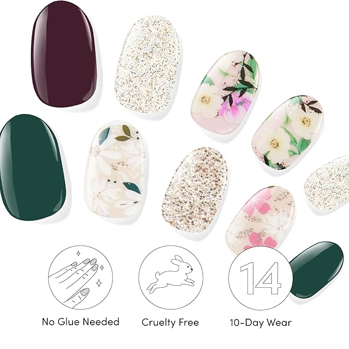 Dashing Diva Gloss Nail Strips Bundle - The Winter Florals Collection- Baby Bouquet & Magnolia Vine - UV Free, Chip Resistant, Long Lasting Gel Stickers - Contains 2 Sets