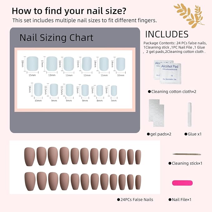 Light Brown Press-On Nails Long Almond Fake Nails for Women,Easy Application Manicure Set for Work, Party & Daily Use, Perfect for Women and Students