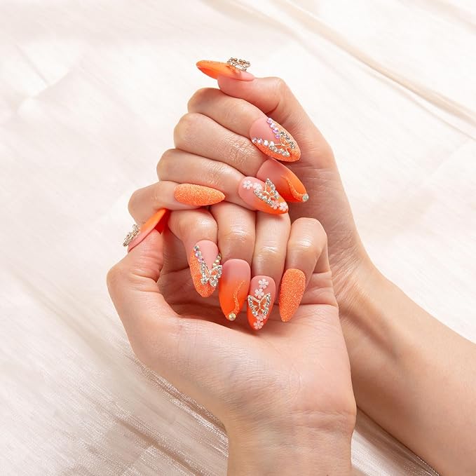LOVFUL Press on Nails Citrus Bloom | Handmade with Full Covered Crystals | Reusable Fake Nails | Almond Regular 1.0 in | H209-L