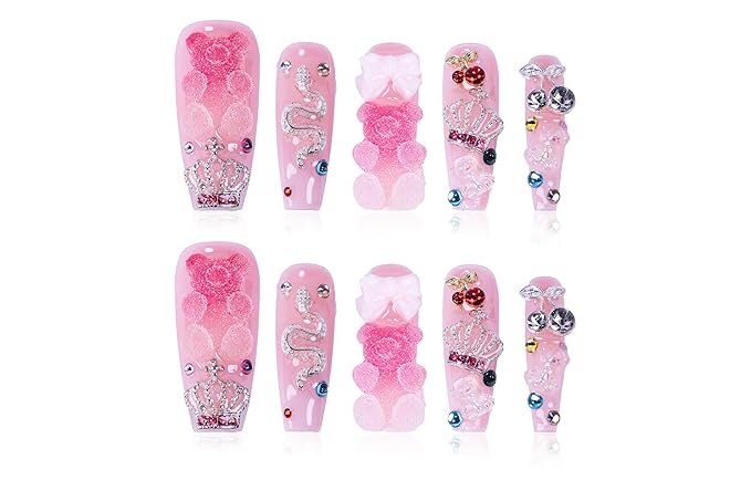 24Pcs Handmade Press on Nails, 3D Pink Long Length Square Fake Nails, Cute Manicure Kit with Full Covered Crystals for Women and Girls to Wear Daily