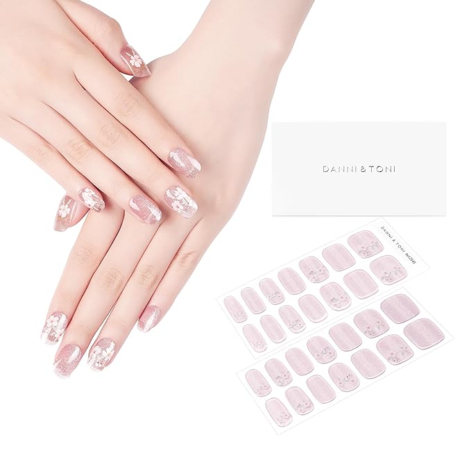 DANNI & TONI Semi Cured Gel Nail Strips Flowers (Petals of Glass) Pink Cat Eye Gel Nail Stickers 28 Stickers Gift for Woman Girls