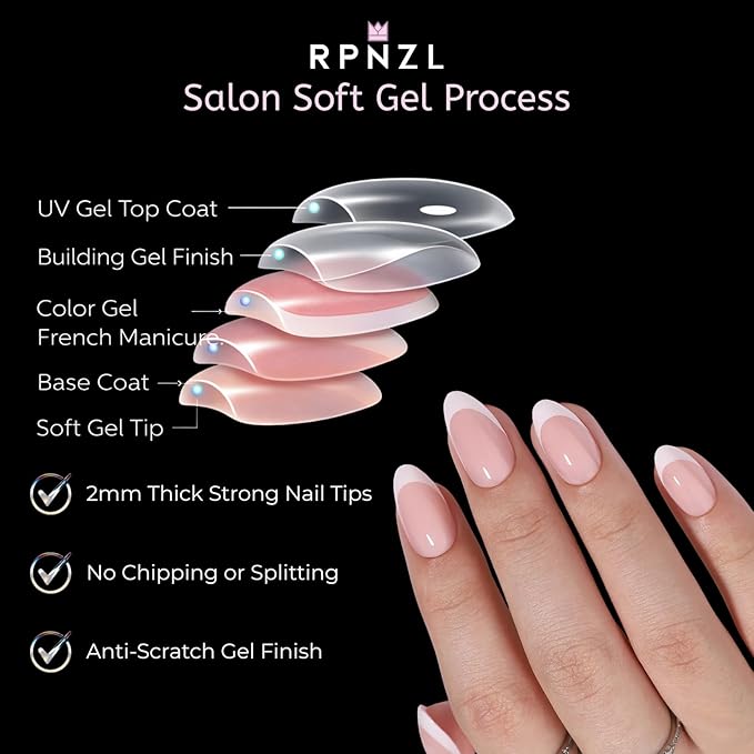 Press On Nails - Paris | White French Tip, Short Almond Nails, Fake Nails Salon Quality | 32 Nails, 16 Sizes Kit with Glue and Adhesive Tabs