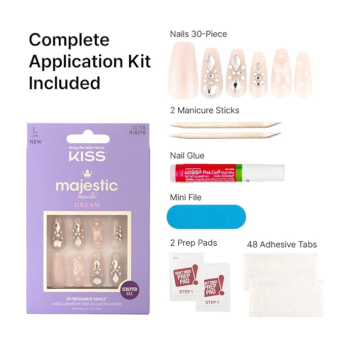 KISS Majestic, 30 Pcs Press On Nails, Medium Coffin Fake Nails, Pink Butterfly Glitter Design with Gems, Reusable Stick On Extensions Full Cover Kit with Glue, Adhesive Tabs, Manicure Stick & File