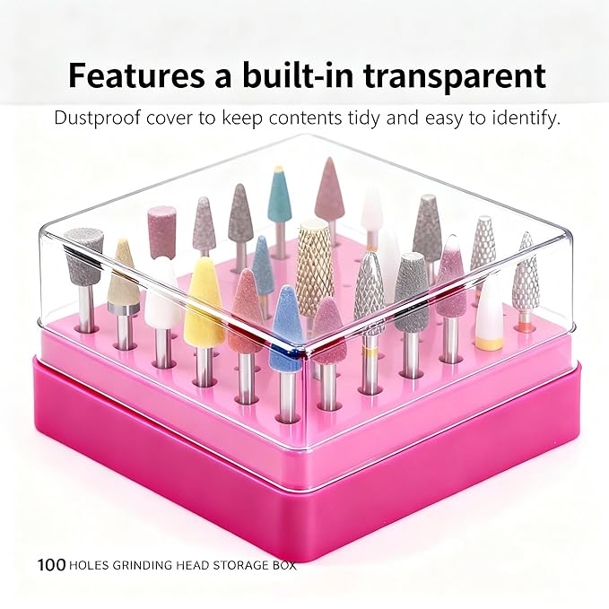 2 in 1 Nail Drill Bit Holder , 100 Holes Nail Drill Bits Organizer Display Stand Container Box, Manicure Drill Cleaning Brush, Professional Box Container for Manicure Tools ( Large)