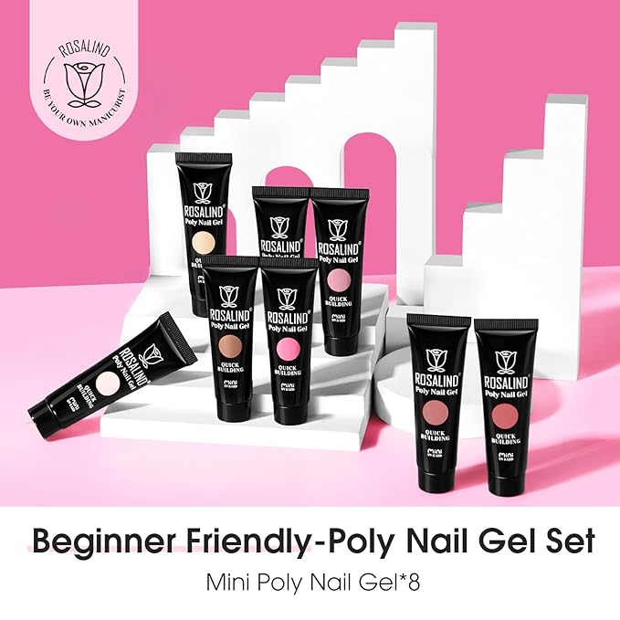 ROSALIND Poly Nail Gel Set, 8 Colors 10g Clear Pretty Poly Extension Gel Nail Set, Nude Pink Poly Nail Gel Set Builder Pink Gel Extension Kit for Nail Art Design Easy DIY Gift for Women