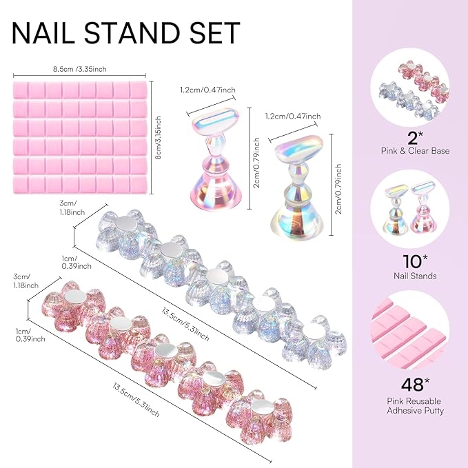 Makartt Press on Nail Stand: Magnetic Nail Holder for Painting Nails DIY Pink and Clear for Art Display Practice, Pink & Clear Glitter Flower Fake Holder for Home Salon with Reusable Adhesive Putty