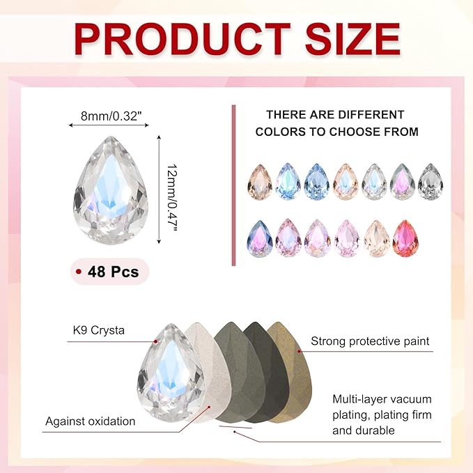 MECCANIXITY 48 Pcs 3D Teardrop Rhinestones Diamond Nail Charm Crystal Pointback K9 Glass Rhinestones Crystal Gems for Jewelry Making, Craft, 8x12mm, Transparent