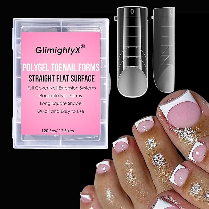 Straight Flat Toe Dual Forms for Polygel,GlimightyX Square Toenail Molds Reusable Natural,Toe Nail Tips for Polygel Builder Gel Acrylic Extension with French Guidelines,12 Sizes 120Pcs