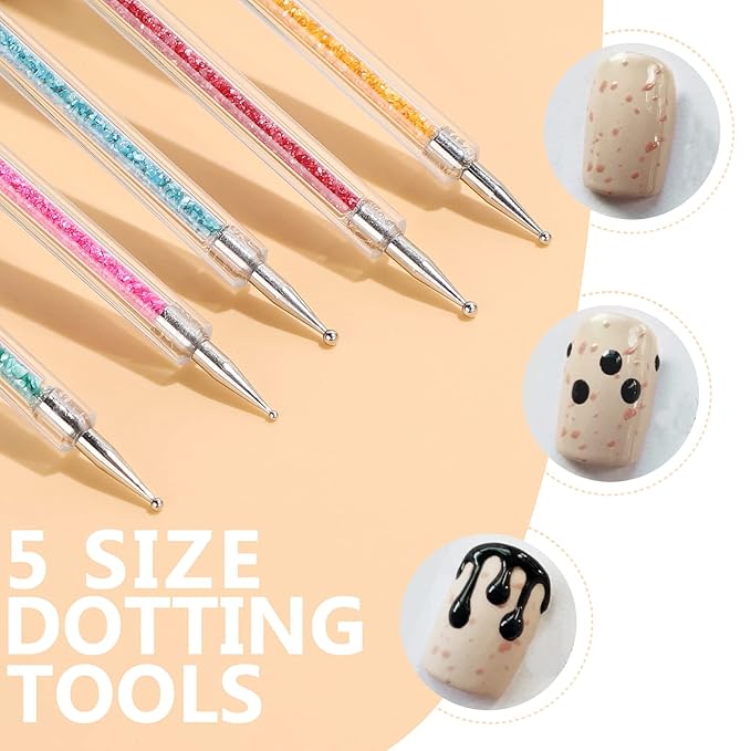 TEOYALL Double-Ended Nail Art Brushes, 5 PCS Nail Design Tools Kit Including Nail Liner Brush and Nail Dotting Pens for UV Gel Nail Home Salon