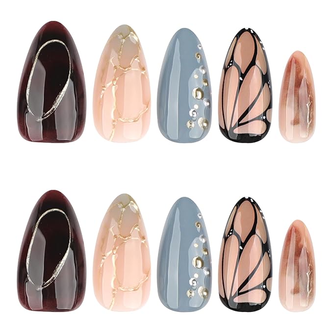 3D Butterfly Wings Press On Nails Blue Brown Mixed Medium Almond – Gold Line Pearl Designs, Acrylic Reusable Fake Nails with Adhesive Tabs, Salon Quality Nail Press Ons for Women Manicure