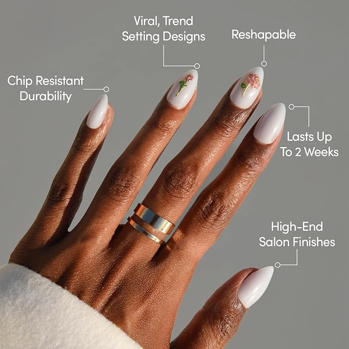 Valentines Day Glamnetic Press On Nails - Floral Glow | Short Almond Fake Nails in Milky White Base with 3D Rose Designs in a Glossy Finish, Salon Quality | 15 Sizes - 30 Nail Kit with Glue