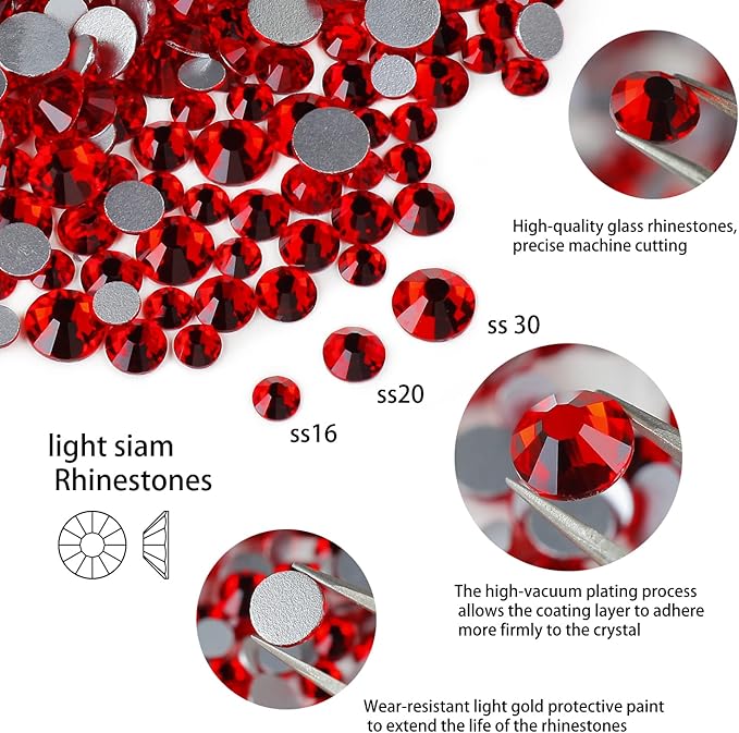 Genie Crystal 4,5,6.4 mm Mixed Size Red Flatback Rhinestones 80 Grams, ss16,ss20,ss30 Light Siam Glass Rhinestone for Tumbler, Shoes, Makeup, Nail Art, Dance Costumes, Dress, DIY Bling Crafts