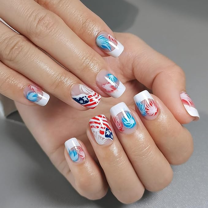 Curvlife Tip Press on Nails Acrylic Fake Nails with Design Full Cover False Nails for Women Reusable Nail Kit with Nail Glue Adhesive Tabs Nail File (AM, Short)