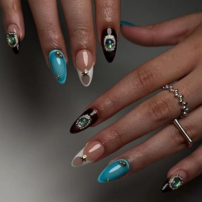 Medium Almond French Tip Press On Nails, 24pcs Full Cover Nails, 12 Sizes, Glossy Finish, Leopard Print, Stars, Gemstone Gold Designs