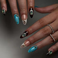 Medium Almond French Tip Press On Nails, 24pcs Full Cover Nails, 12 Sizes, Glossy Finish, Leopard Print, Stars, Gemstone Gold Designs