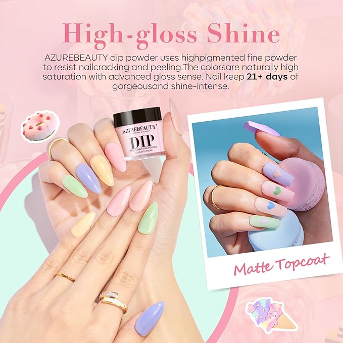 AZUREBEAUTY 30Pcs Dip Powder Nail Kit Starter, Pink Pastel Blue Green Glitter 8 Colors Summer Macarons Dipping Powder Liquid Set with Base/ Matte Top Coat/ Activator/Nail Sticks Easter Gift