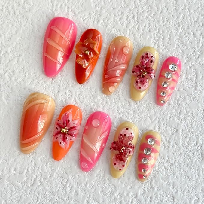 Luxury Press on Nails Medium Almond Handmade 3D Unique Reusable ABS Material Fake Nails Tropical False Nails with Designs Rhinestones Flower Art Petal Glossy Glue on Nails Thick Acrylic Nails(M)
