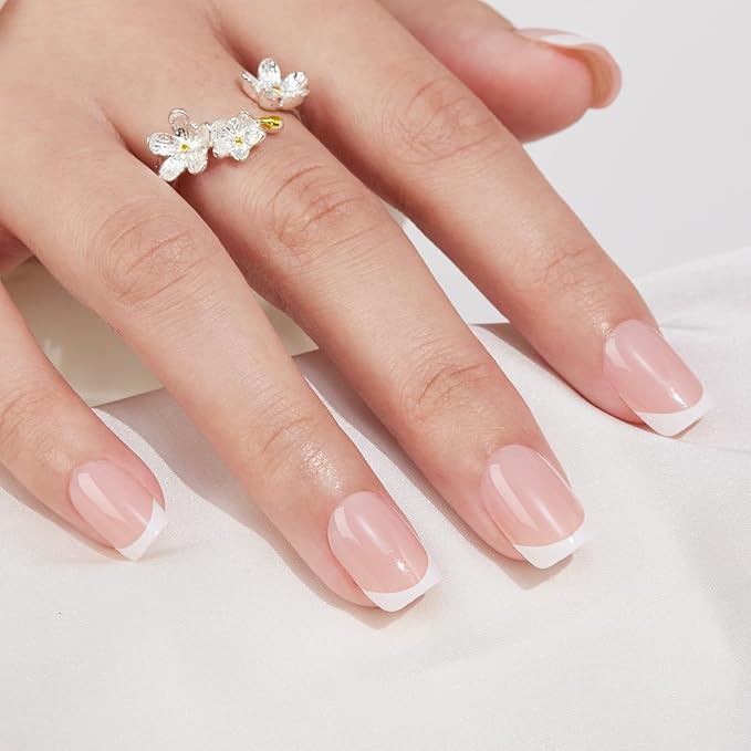 French Tip Press On Nails Short Square - Findigit Gel Press On Nails, White Nail With Glue, Fit Perfectly & Natural Reusable Stick On Nails in 16 Sizes, 32 Pcs