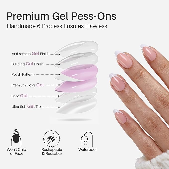 White French Tip Press on Nails Short - SHANGMENG Soft Gel Almond Nails for Women Gift, Fit Perfectly & Natural Glue on Nails in 16 Sizes - 32 Reusable Fake Nails with Glue, French White