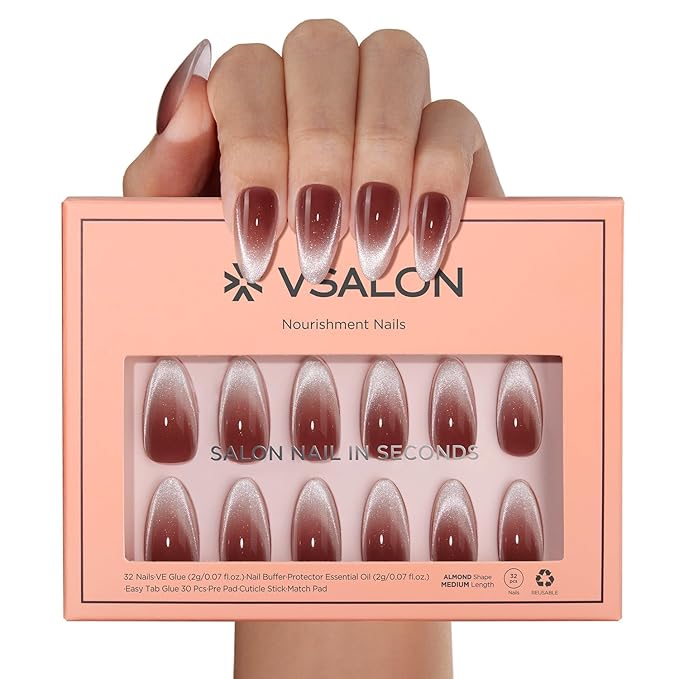 VSALON Press on Nails Medium Almond - Red Maroon Ombre French Tip Cat Eye Glossy Glitter Nails Kit for Woman, Reusable Semi-Transparent Gel Glue on Nails with Glue & Cuticle Oil - 32 PCS in 16 Sizes