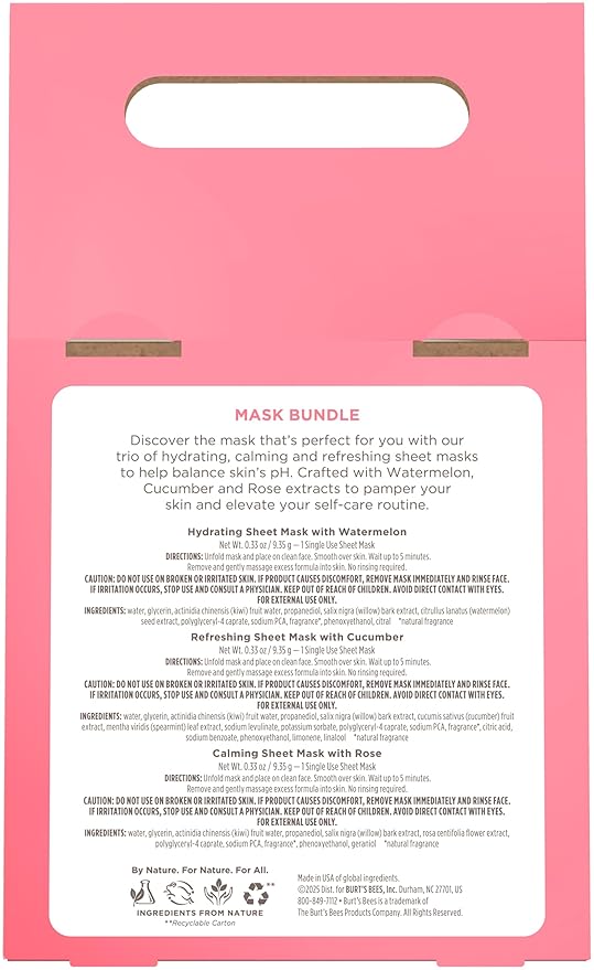 Burt's Bees Face Mask Bundle Set for Valentine's Day, Hydrating Watermelon, Calming Rose, & Refreshing Cucumber, Face Sheet Masks for Single Use Skin Care, 99% Natural Origin, 3 Count, 0.33oz Each