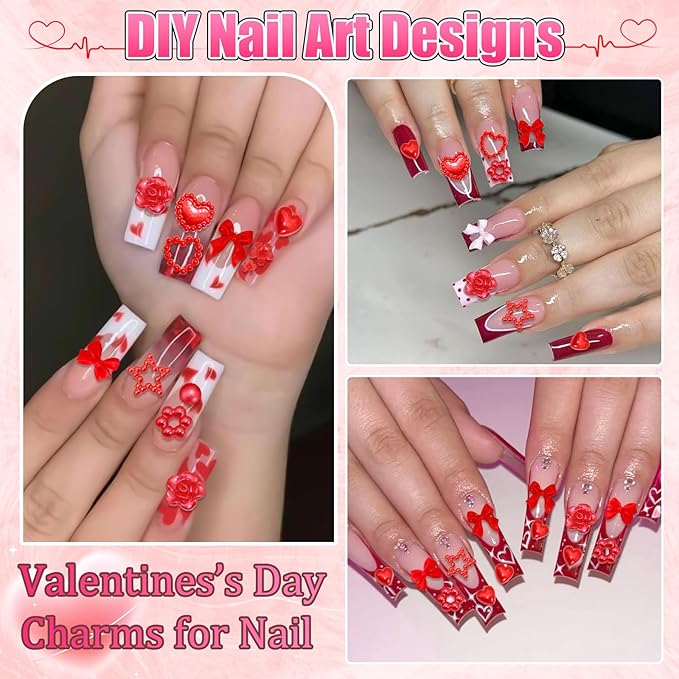 BELICEY Valentines Red Heart Nail Charms Cute Resin Bows Flowers Star Nail Art Charms Flatback Nails Rhinestone and Gem Nail Pearls for DIY Manicure Jewelry for Women Accessories Supplies