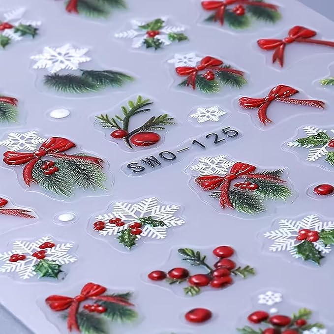6Pcs Christmas Nail Art Stickers 3D Embossed Christmas Holly Bow Nail Decals Self Adhesive Winter Nail Supplies Xmas Design Snowflake Nail Stickers for Women New Year DIY Manicure Art Accessories