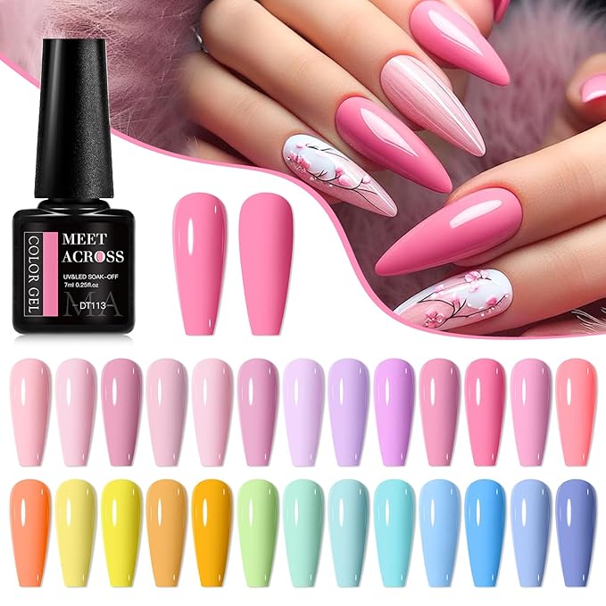 MEET ACROSS 30Pcs Nude Gel Polish Set Pink Sky Blue Gel Nail Polish Dreamy Town Series Macaroon Nail Manicure Kit Gift for Women 26 Colors