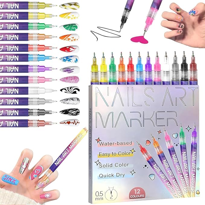 12 Colors Nail Art Pens Set, Nail Art Polish Pen for 3D Nail Art, Drawing Painting Liner Brush for DIY Nail Art Beauty Adorn Manicure Tools (1 Sets)