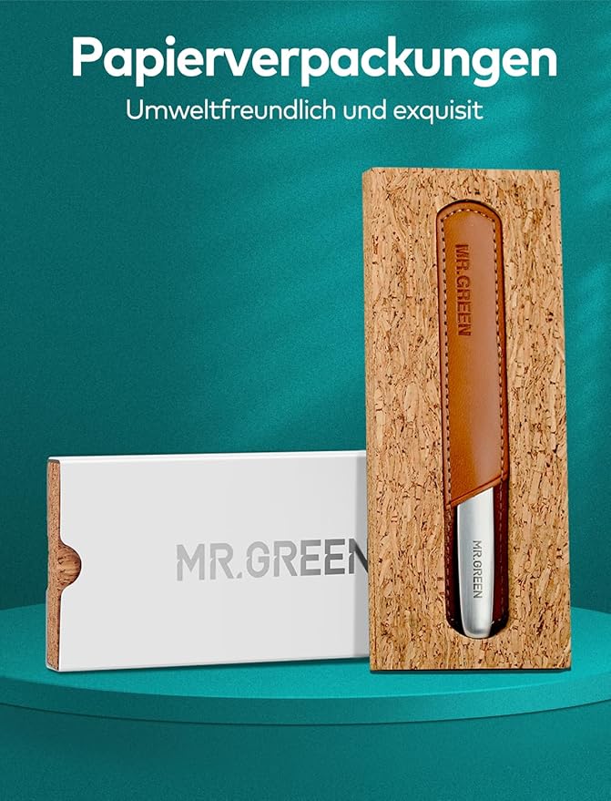 MR.GREEN Professional Double Sided Stainless Steel Nail File with Non-Slip Handle and Leather Case, Pointed Nail Buffering Files Washable