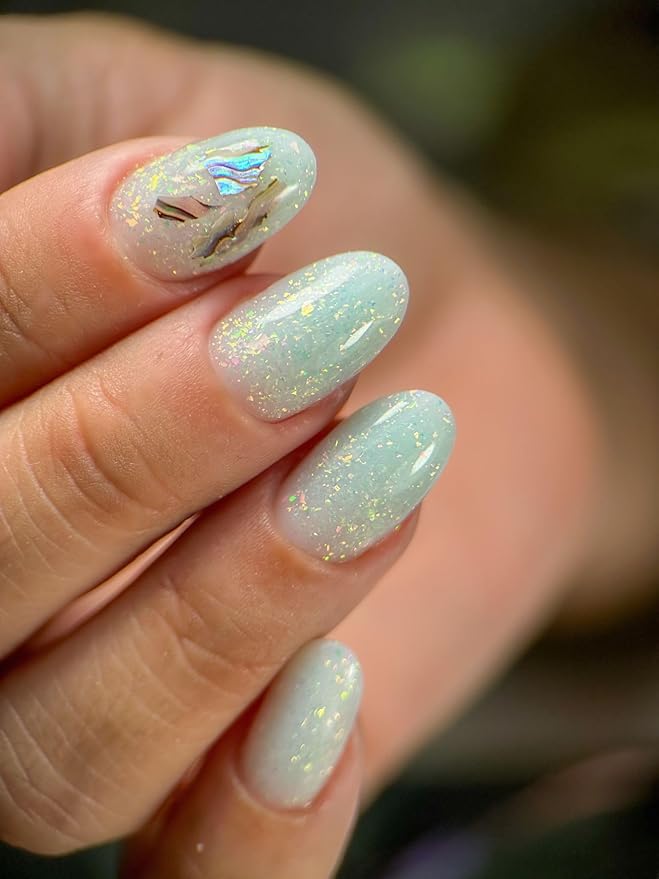 Dan's Nails – Crystal Lagoon Glow Rubber Base Gel Polish | Teal Iridescent Glitter | Soak off UV/LED Lamp