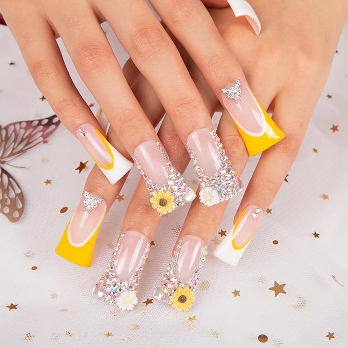 LOVFUL Press on Nails Sunflower | Handmade with Full Covered Crystals | Reusable Fake Nails | Duck Classic Regular 1.3 in | H143-S