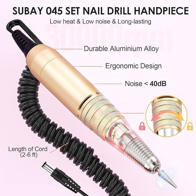 Subay Professional Electric Nail Drill Machine, 30,000RPM Electrical Nail Efile Kit for Acrylic Nails, Gel Nails, Manicure Pedicure Polishing Tools for Professional Salon Use, Golden