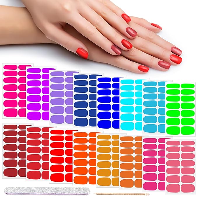 DANNEASY 224pcs/16 Sheets Nail Polish Strips, UV Free Self Adhesive Gel Nail Strips, Sticker Nails for Women with 1 Nail File, 1 Wooden Stick - Bright Solid Color