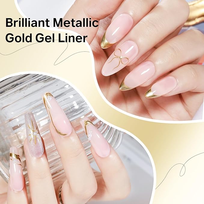 MIZHSE Metallic Gel Liner Nail Art, Gold and Silver Mirror Painting Gel Polish, 3D Chrome Metal Glossy Drawing Line Stripe Swirls French Nail Design DIY Manicure Soak Off Nail Art