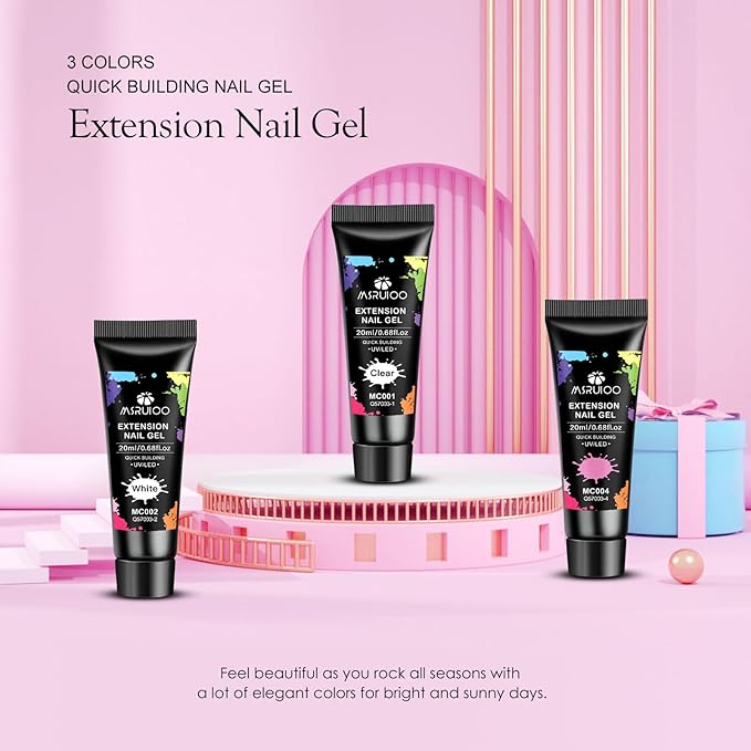 Poly Extension Gel Nail Kit, Clear White Pink Builder Nail Starter Kit with Dual Nail Forms, Nail Clips for Poly Gel, Home Manicure Set