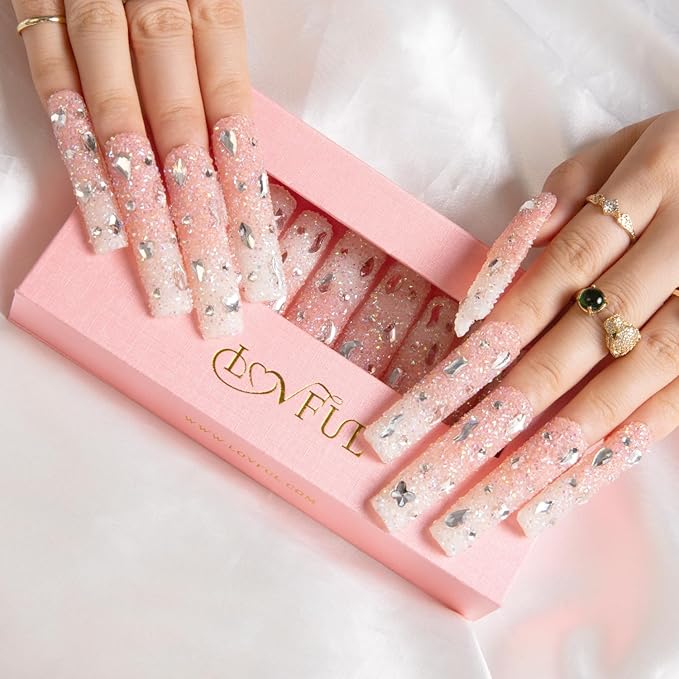 LOVFUL Press on Nails Berry Shake | Handmade with Full Covered Crystals | Reusable Fake Nails | Square | H56-S, pink