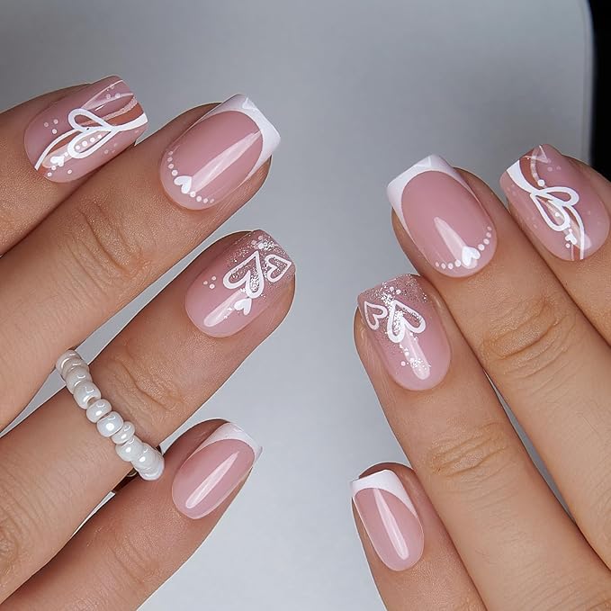 CurvLife Press On Nails – 30Pcs Soft Gel Fake Nails, Reusable Glue On Nail Kit with Adhesive Tabs, Natural Fit & Salon-Quality for Women & Girls (Sweet Heart French)