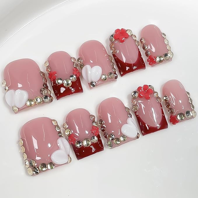 Luxury Press on Nails Short Square Handmade 3D Unique Reusable ABS Material Fake Nails French Tip False Nails with Designs Flower Rhinestones Red Glossy Glue on Nail Thick Acrylic Nail(M)