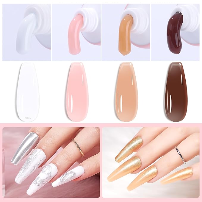 Makartt Poly Nail Gel Set - 4 Fall ColorsStrong Builder for Extension Overlay Strengthener 3D Diy, Multifunctional, Long-lasting for Nails French Manicures Home Salon White Pink Nude Brown