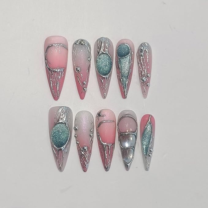 Long Stiletto Press on Nails,Pink-Silver Holographic Gradient Hand-Painted Moons Fake Nails with 10pcs Tools,3D Cat Eye Glitter False Nails,Edgy Meteors Design Sweet-Edge Metal Nails(L)