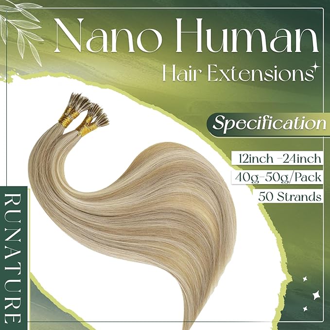RUNATURE Blonde Hair Extensions Nano Bead, Short Straight Hair, Remy Human Hair Nano Tip Hair Extensions Light Blonde Highligh, Soft Silky Hair for Women, Natual Blending #8P60