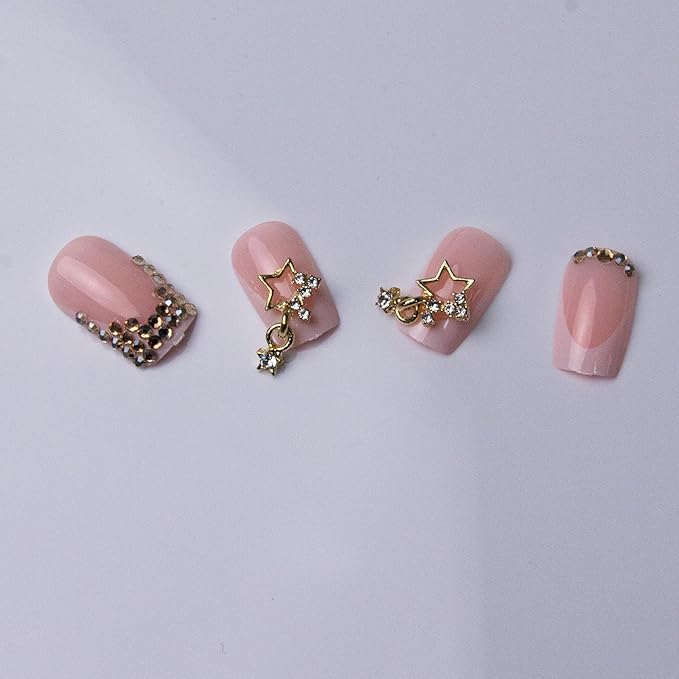 French Tip Press on Nails Square Fake Nails Gold Rhinestones False Nails with Gold Stars Charms Design Artificial Full Cover Glue on Nails for Women Manicure 24Pcs